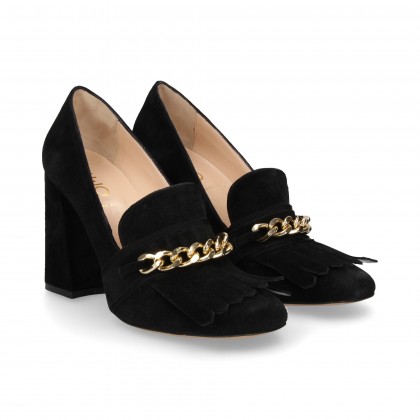 MOCCASIN HEELS FRINGED CHAIN SUEDE BLACK