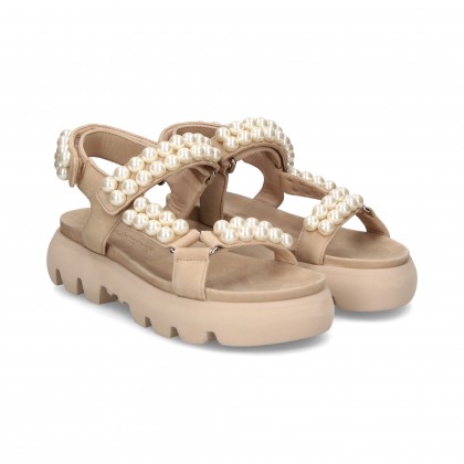 SANDALIA VELCROS PERLAS ANTE BEIGE