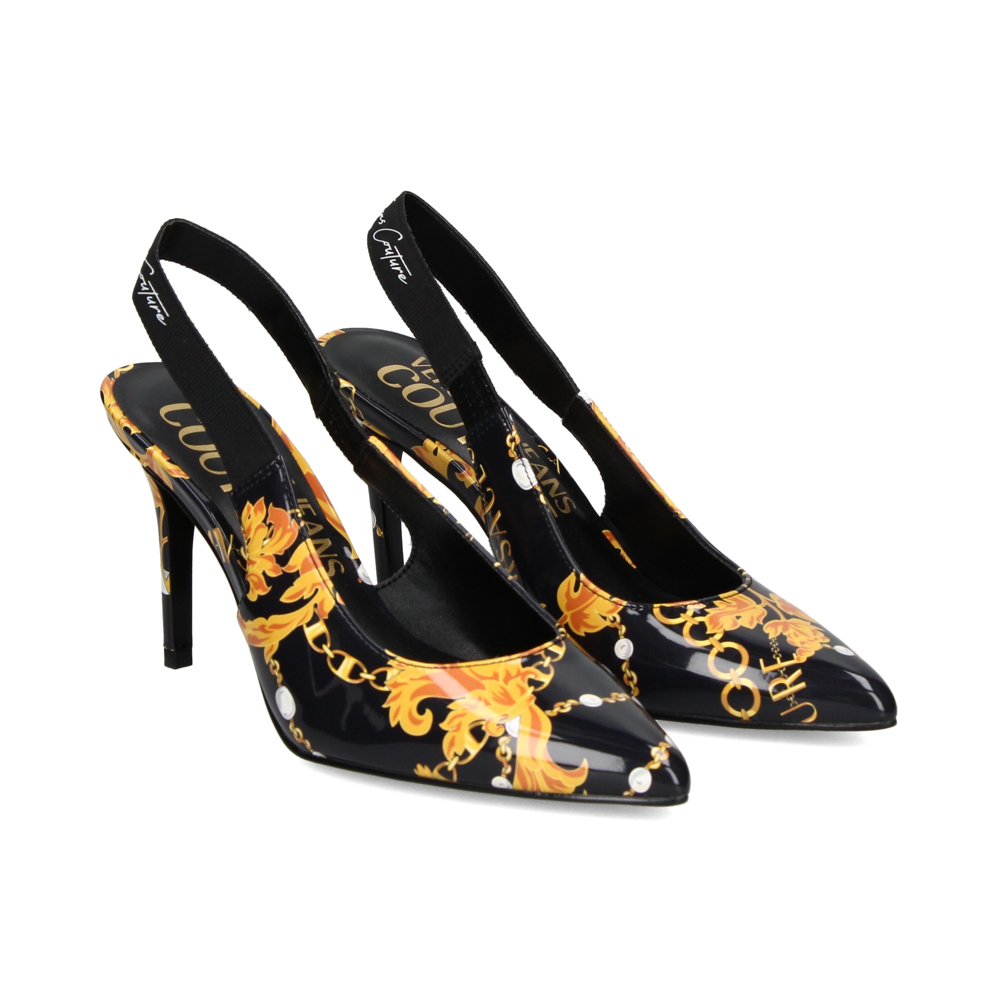 Gianni Ribbon High Slingback Pumps Black,Gold | Versace US