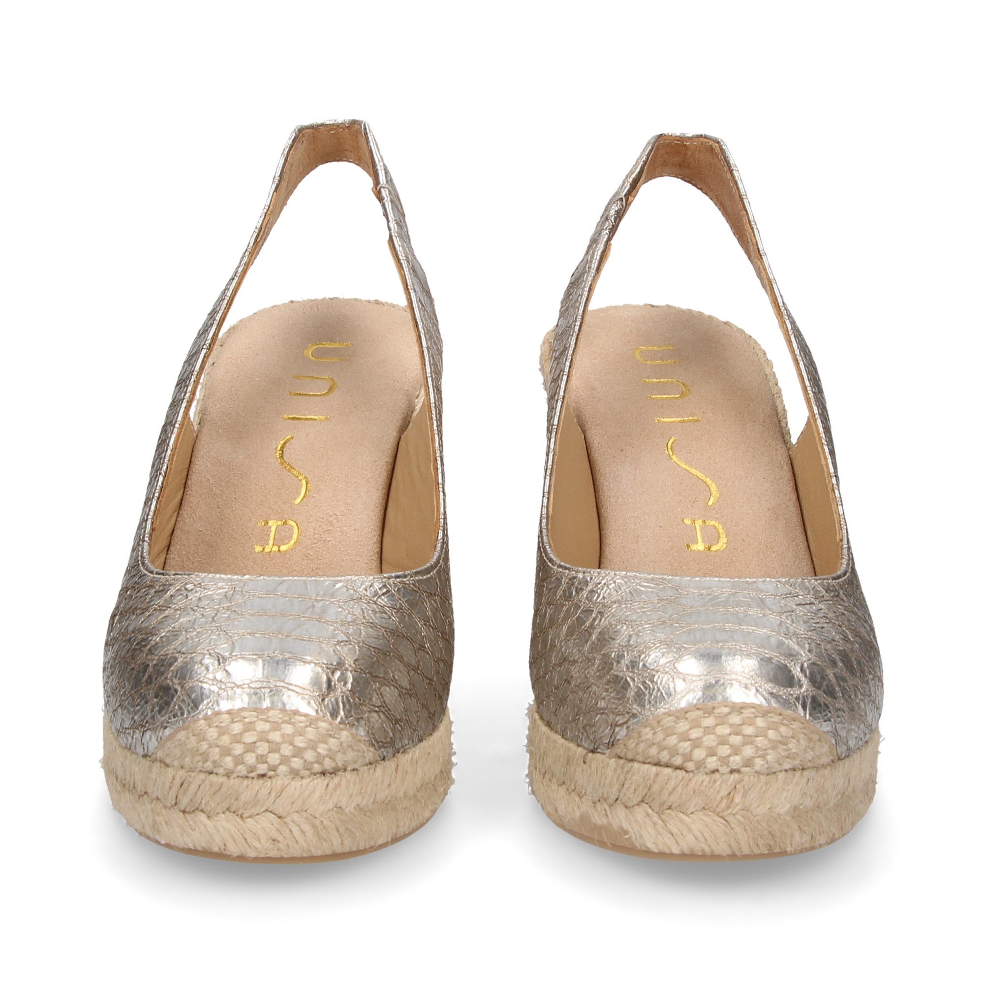 ESPADRILLE HEEL WEDGE ESPADRILLES OPEN HEEL REPTILE PLATINUM PLATINUM