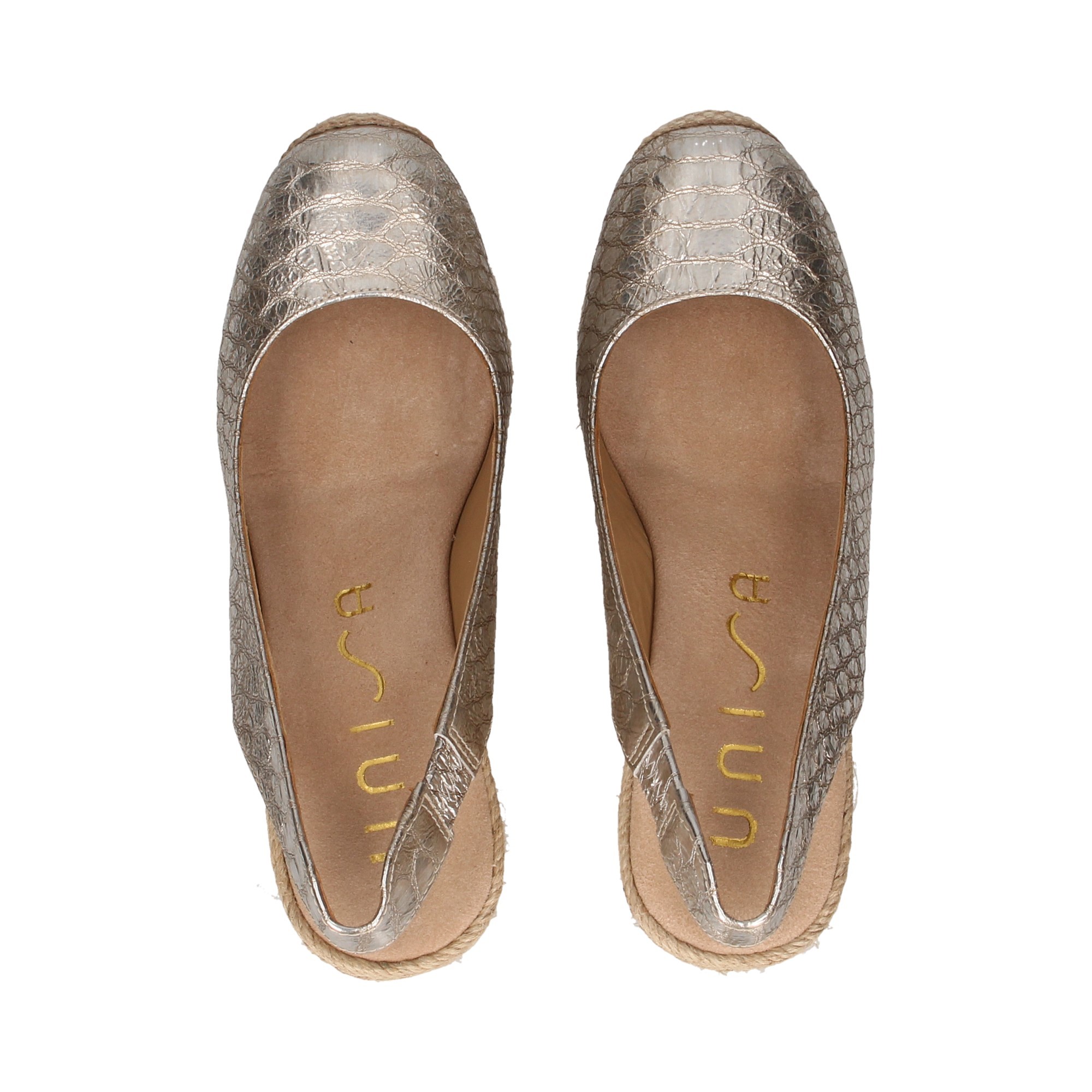 ESPADRILLE HEEL WEDGE ESPADRILLES OPEN HEEL REPTILE PLATINUM PLATINUM