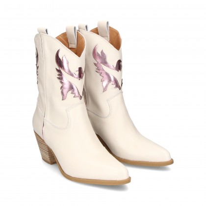 BOTA COW BOY PIEL BLANCO DECO LILA