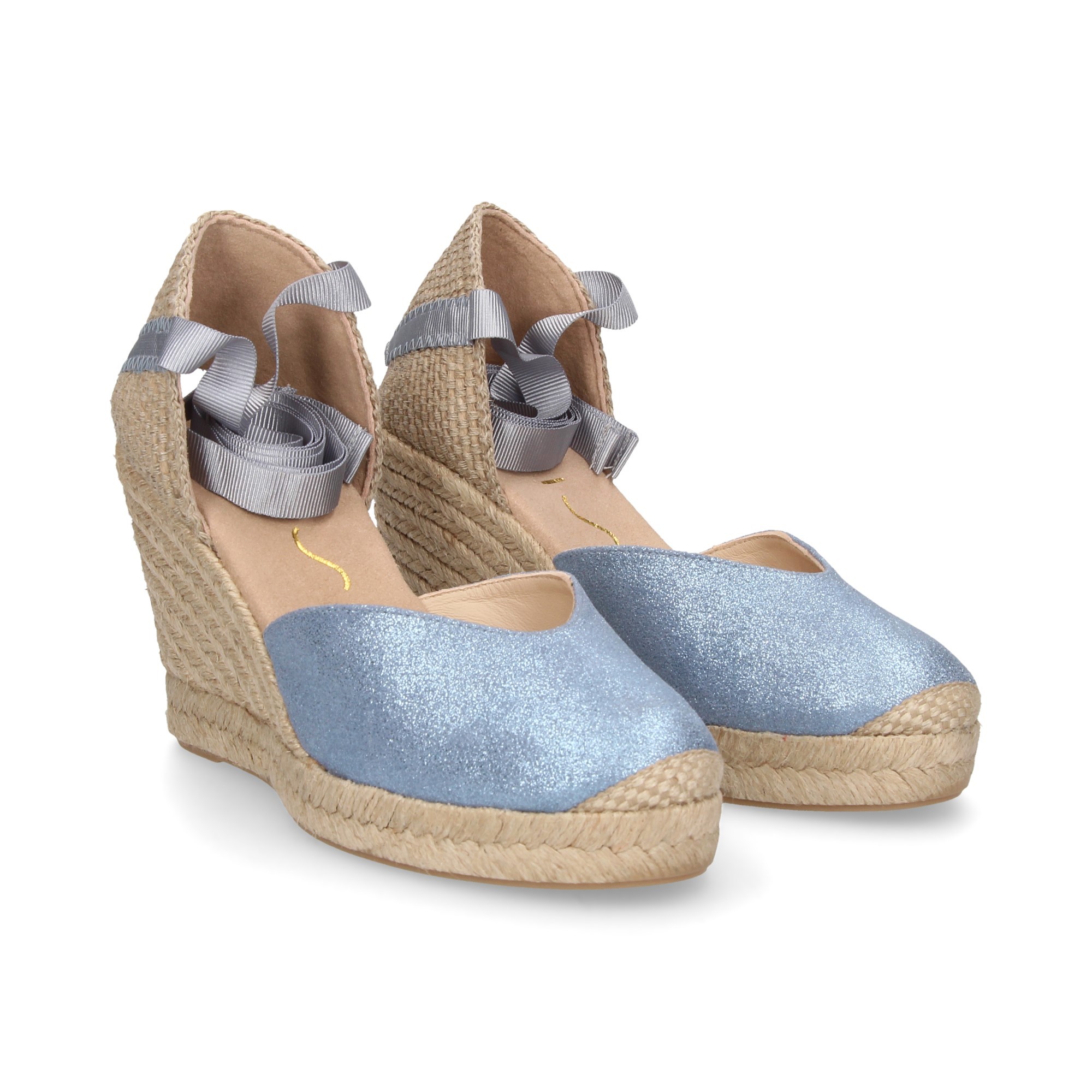 ESPADRILLAS A CUNEO CON BORDO IN METALLO AZZURRO METALLIZZATO