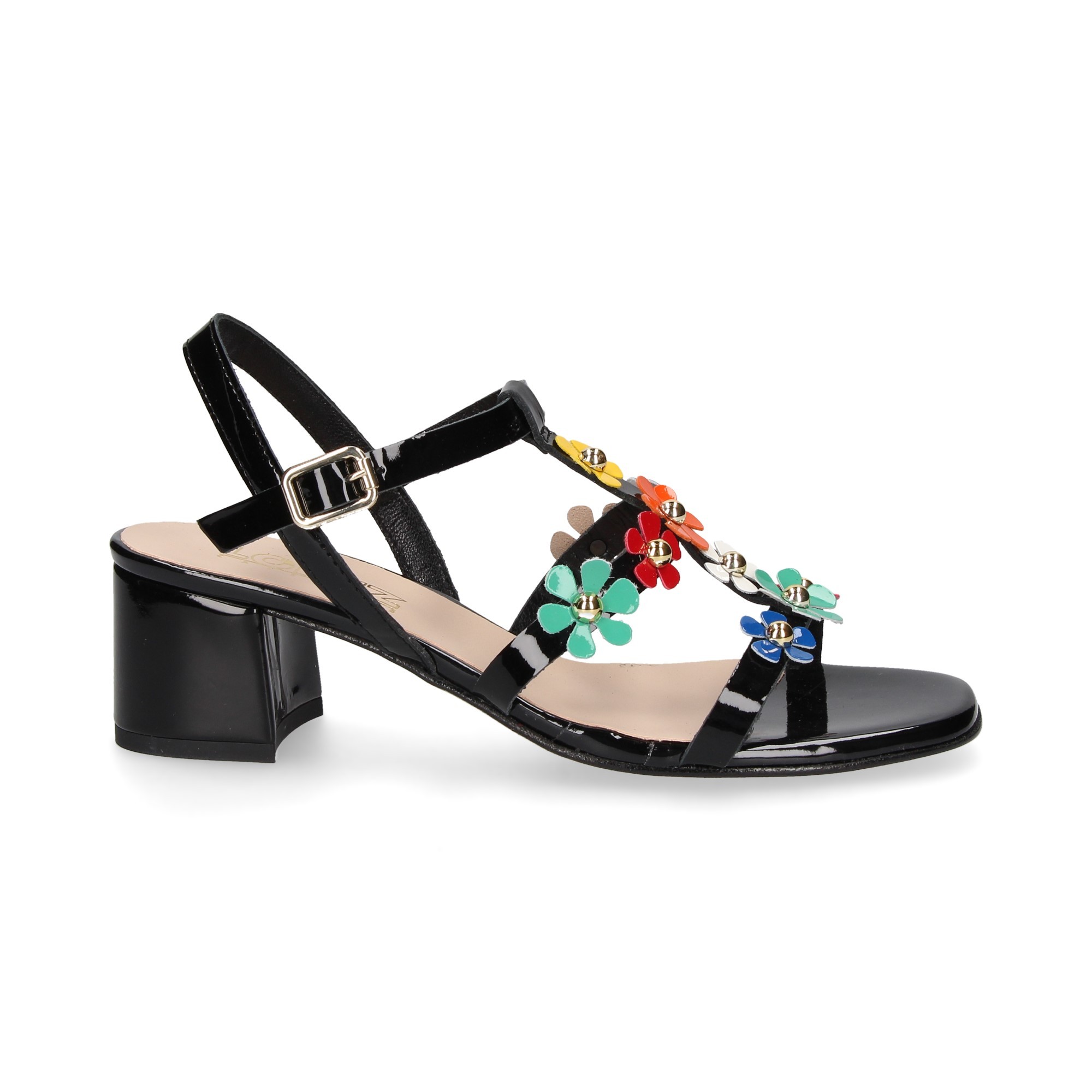 CARME SANDALE MULTI-PATENT FLEURS NOIRES MULTI-PATENTES