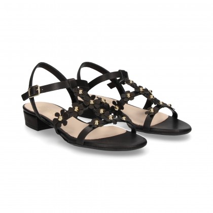 SANDALE CARMELITE NOIR FLEURS EN CUIR NOIR