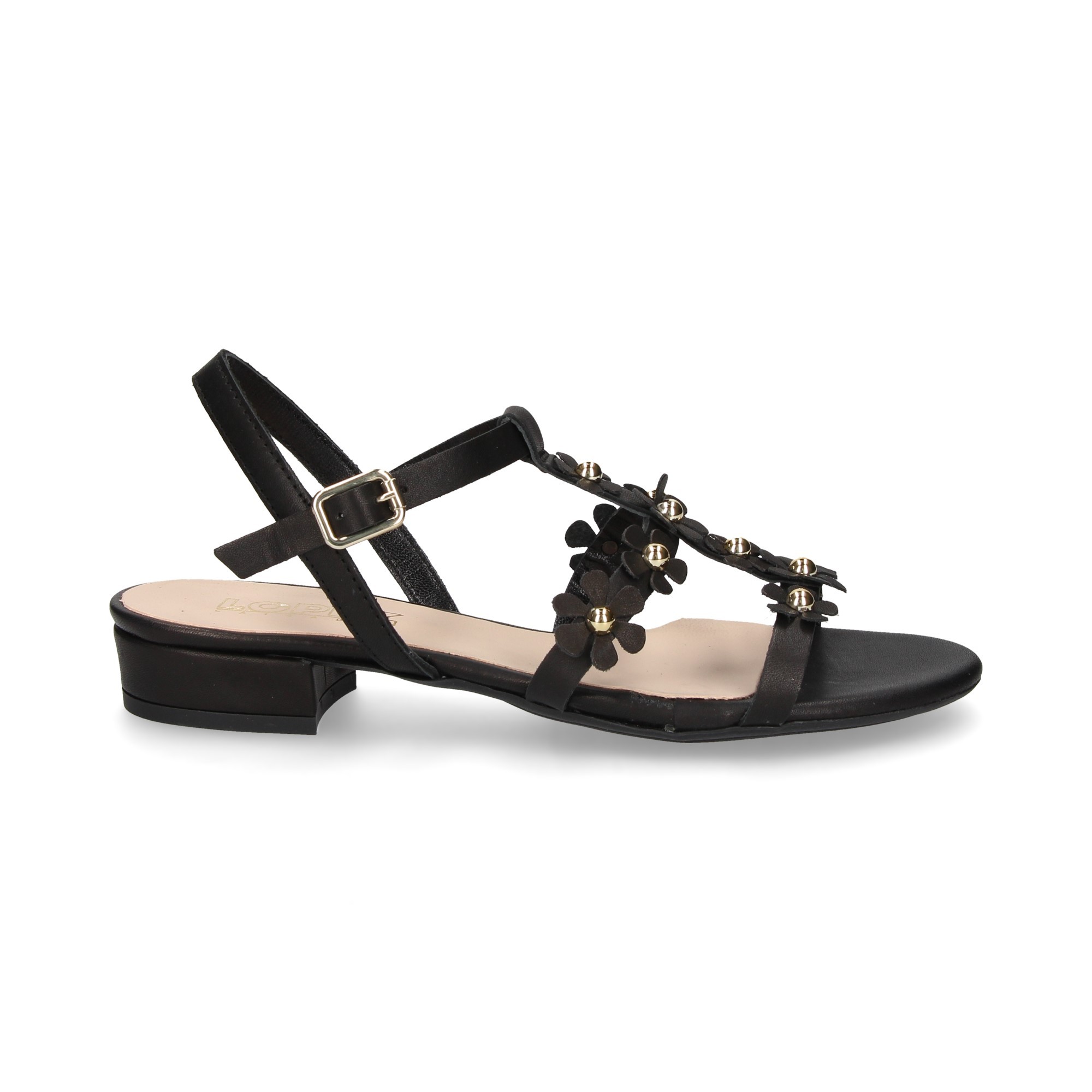 SANDALE CARMELITE NOIR FLEURS EN CUIR NOIR