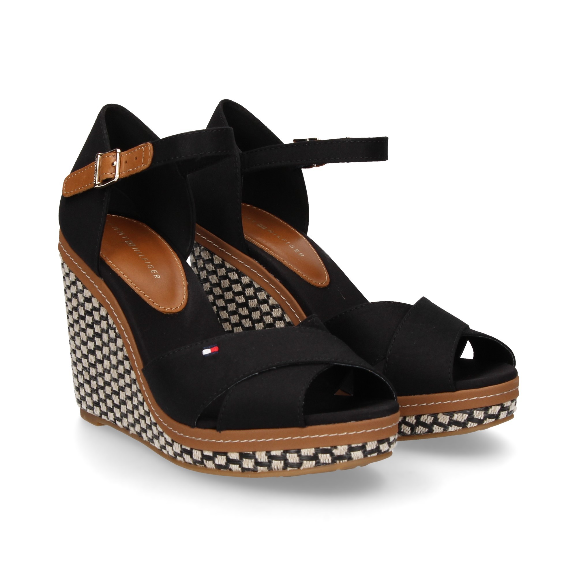 SANDALE WEDGE NOIR TEXTI BRETELLES CROISÉES