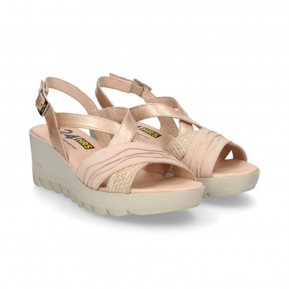 NUDE PATENT LEATHER CROSS STRIPS WEDGE