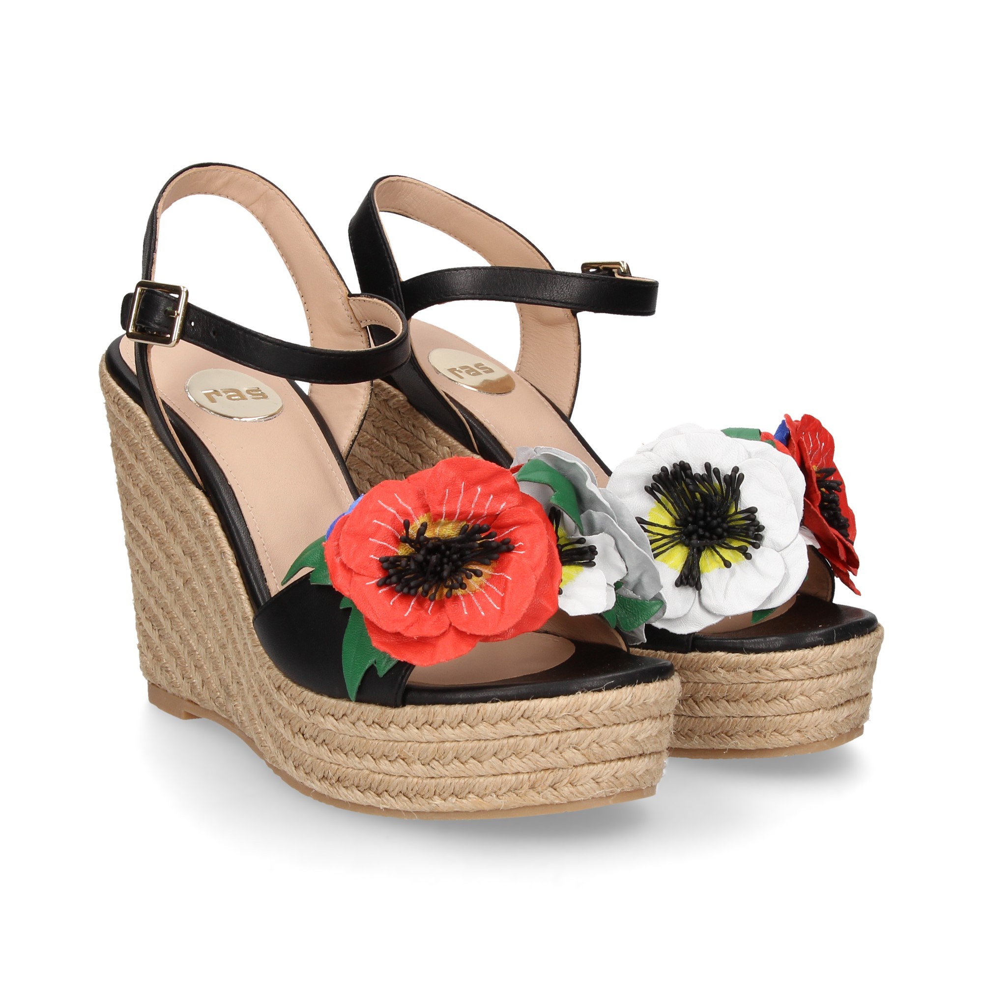 JUTE WEDGE COU-DE-PIED FLEURS EN CUIR NOIR