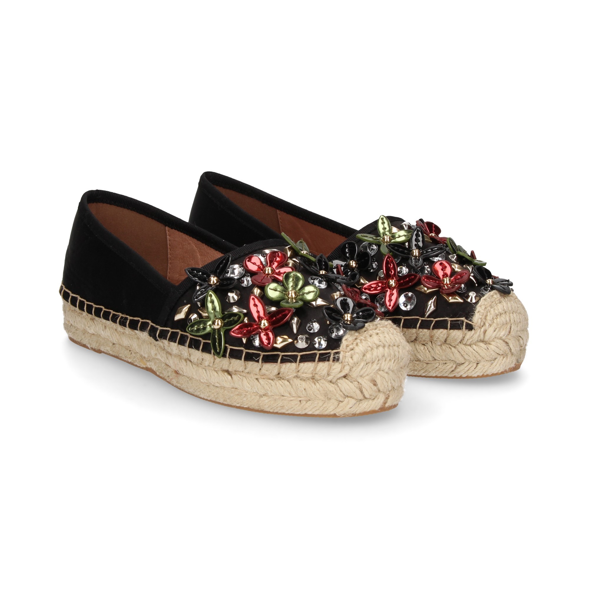 ESPADRILLE FLEURS STRASS TEXTILE NOIR