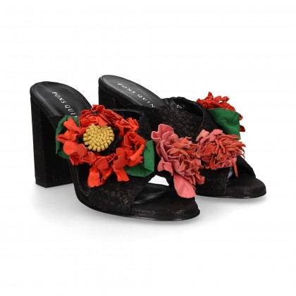 CROSS HEELED SHOVEL BRAID FLOWERS LEATHER BLACK