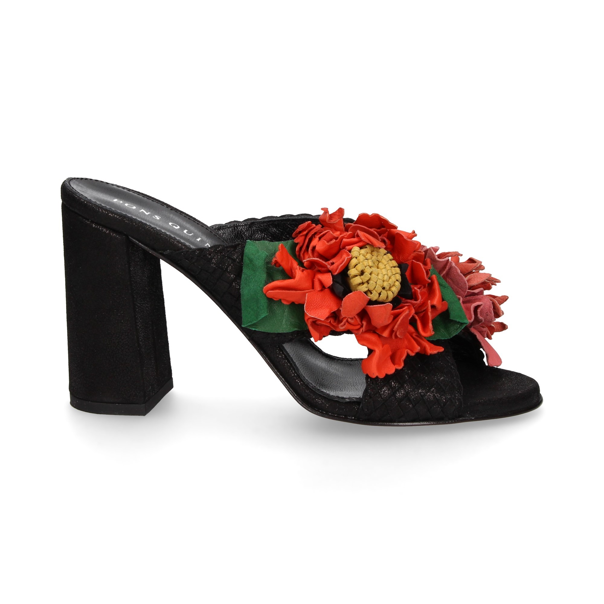 CROSS HEELED SHOVEL BRAID FLOWERS LEATHER LEATHER BLACK BLACK