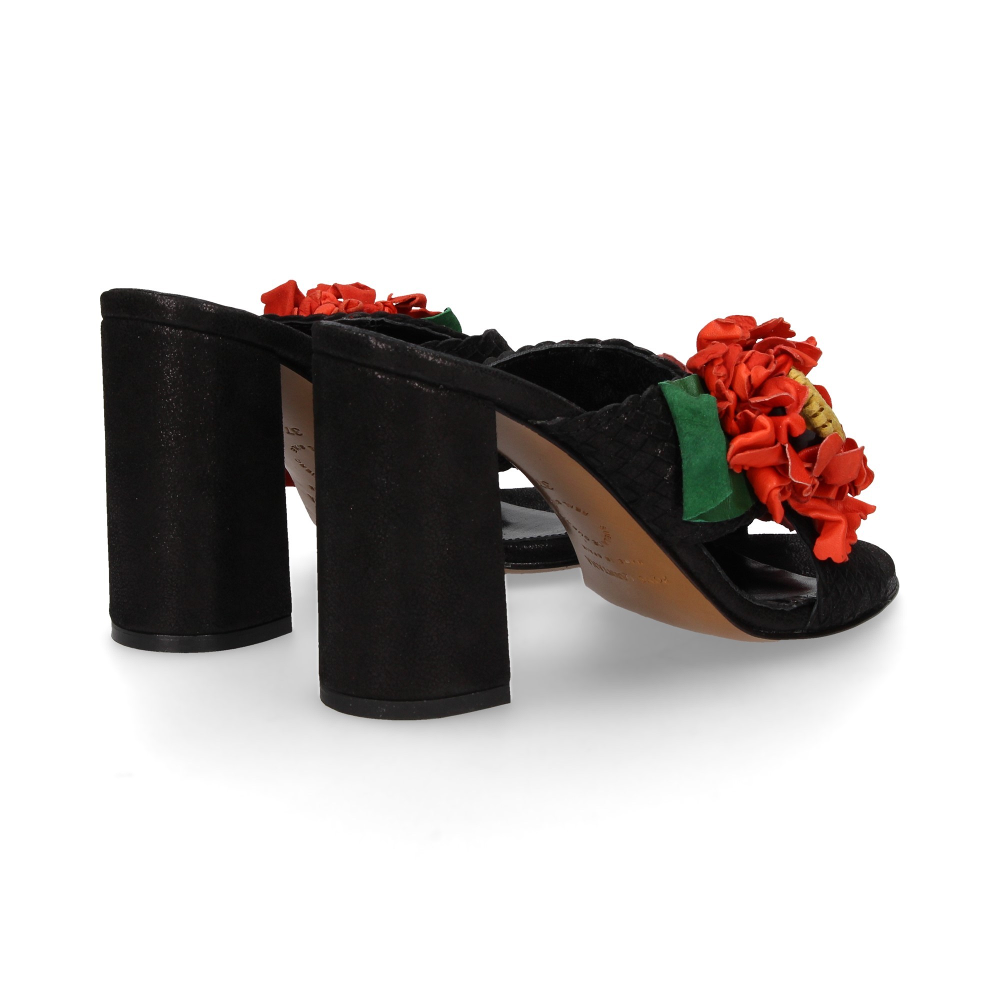 CROSS HEELED SHOVEL BRAID FLOWERS LEATHER LEATHER BLACK BLACK