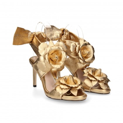 SANDAL FLOWER LEATHER STRAPPED METALLIC GOLD 