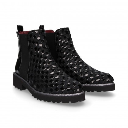 ELASTIC BLACK PATENT LEATHER BRAIDED BOOT