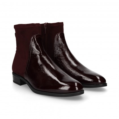 PATENT LEATHER SUEDE BOOT WITH BURGUNDY ZIPPER