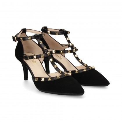 OPEN SIDES 2 BUCKLES STUDDED SUEDE BLACK