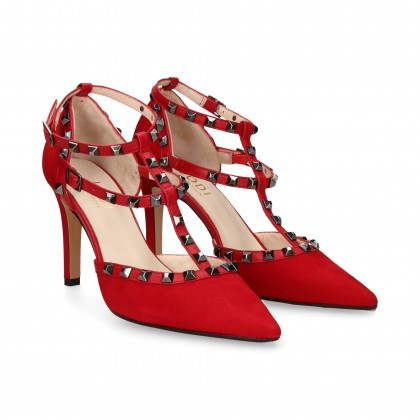 OPEN SIDES 2 BUCKLES STUDDED SUEDE RED