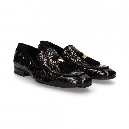 MOCCASIN TASSELS COCONUT BLACK PATENT LEATHER