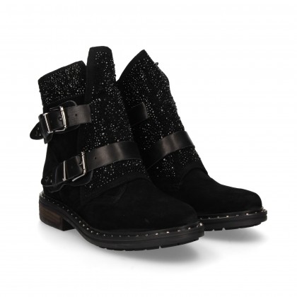 BOOTIE 2 BUCKLES STRASS HEEL SUEDE BLACK