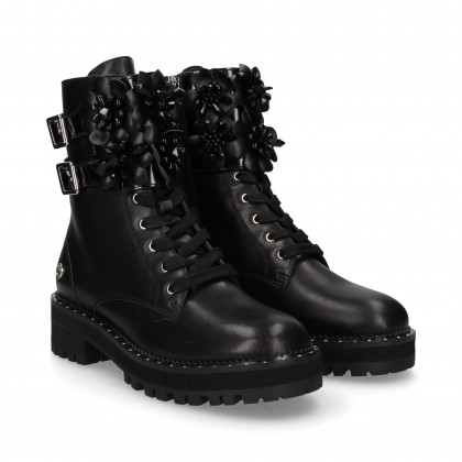 BOOT LACE BOOT 2 BUCKLES BLACK FLOWERS