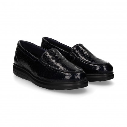 MOCCASIN ELAST. PATENT LEATHER SIDES COCO BLUE