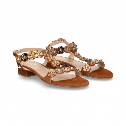 SANDAL T FLOWERS SUEDE LEATHER
