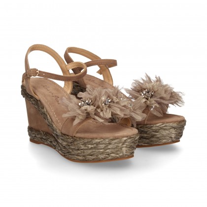 SANDAL FLOWERS TULLE WEDGE RAFFIA SUEDE