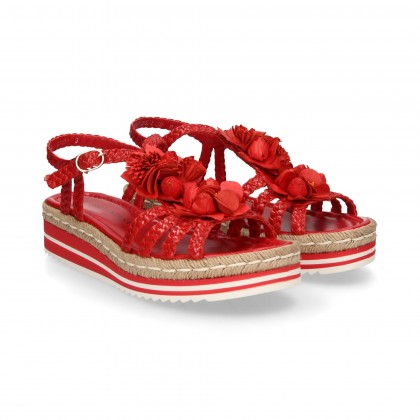 WEDGE FLOWERS INSTEP BRAIDED RED LEATHER