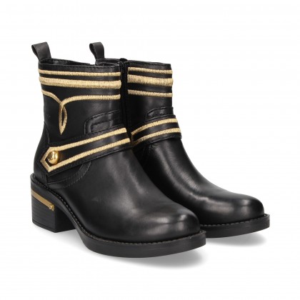 BOTIN BORDADO ORO PIEL NEGRO