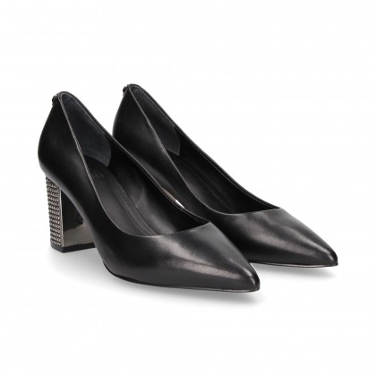 BLACK LEATHER METAL HEEL SALON